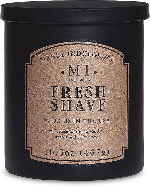 Vela em frasco para barbear fresco Manly Indulgence 16,5 oz - Musk, Baunilha & Bergamota - Âmbar e Cedro amadeirado - Queima até 60 horas - Cera de soja, derramada nos