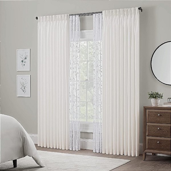 Cortina de janela com pregas franzidas Waverly Serendipity 10 com bolso para barra de cortina para sala de estar (1 painel), 50 pol x 95 pol, branca
