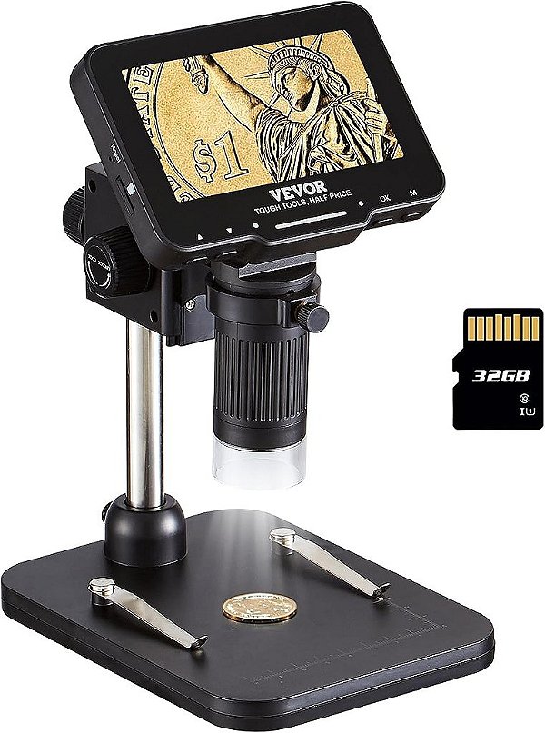 Microscópio Digital VEVOR LCD para Adultos e Crianças, Tela IPS de 4.3, Microscópio de Moedas 50X - 1000X de Ampliação com 8 Luzes LED, Visualização no PC, Cartão SD
