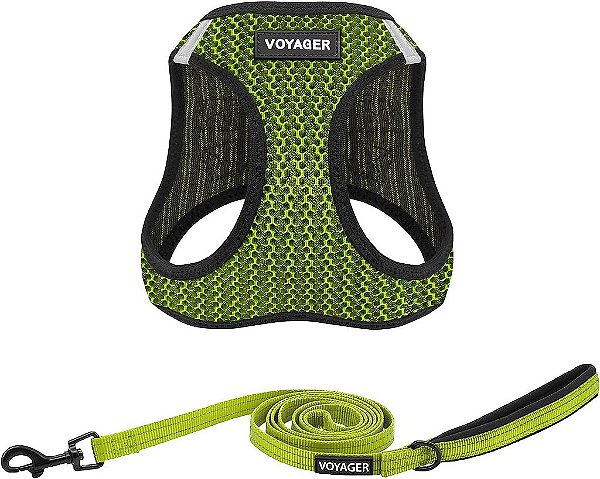 Prende Peitoral de Malha para Todas as Condições Meteorológicas e Passeio do Voyager, Combo com Coleira e Alça de Neoprene para Cães Pequenos, Médios e Grandes, por Best Pet Supplies - Verde Limão (B