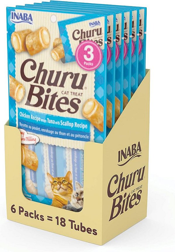 INABA Churu Bites para Gatos, Petiscos Macios e Mastigáveis com Recheio Cremoso de Churu, Vitamina E e Extrato de Chá Verde, 0,35 Onças por Tubo, 18 Tubos no Total (3 por