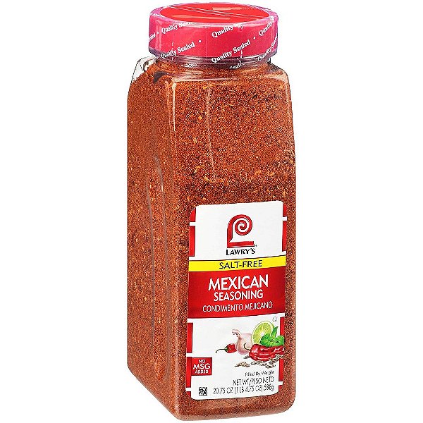 Tempero Mexicano sem Sal Lawry's, 20,75 oz - Um recipiente de 20,75 onças de mistura de especiarias mexicanas, perfeito para fajitas, carnes moídas, tigelas de arroz, veget