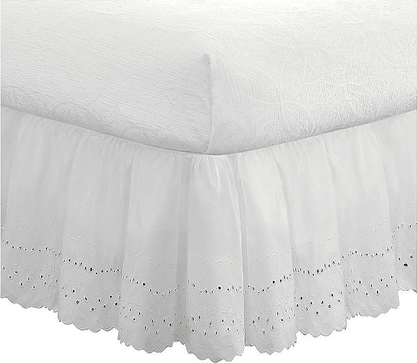 Saias de cama de olhos franzidos com babados e detalhes bordados, 18 de comprimento, solteiro, branco.
