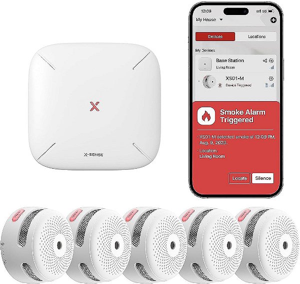 Detectores de fumaça inteligentes X-Sense com estação base SBS50, alarme de fumaça Wi-Fi compatível com o aplicativo de segurança residencial X-Sense, alarme de incêndio mini interconectado sem fio, modelo FS