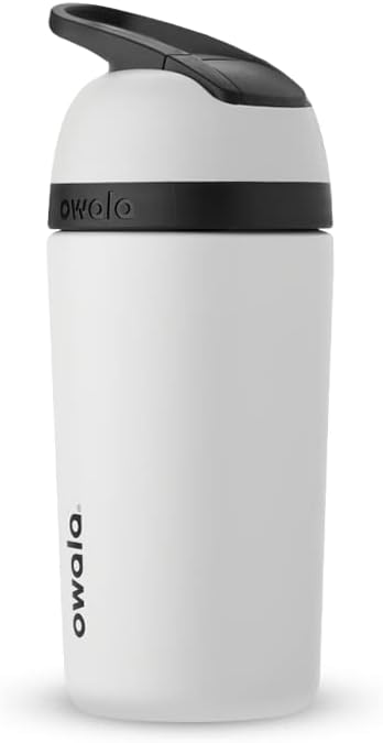 Garrafa de água de aço inoxidável com isolamento Owala Kids Flip, tampa com trava, garrafa de água para crianças, ótima para viagens, 14 oz, cinza e preto