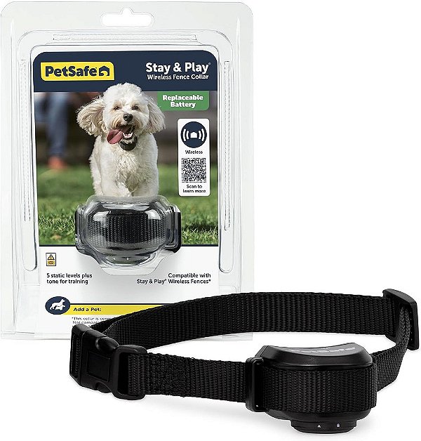 Cerca para animais de estimação sem fio PetSafe Stay&Play com colar de bateria substituível, cobre até 3/4 de acre, para cães e gatos com mais de 5 libras, colar à prova d'água