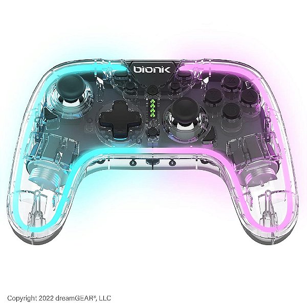 Bionik NeoGlow: Controle de Jogos RGB Sem Fio com Movimento para Nintendo Switch, Bateria Recarregável de 900 mAh, Modo Turbo/Giroscópio/Concha Transparente/PC/Android