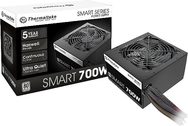 Fonte de Alimentação Thermaltake Smart 700W 80+ Certificada Branca, Potência Contínua com Ventilador Ultra Silencioso de 120mm, Fonte de Alimentação ATX 12V V2.3/EPS 12V