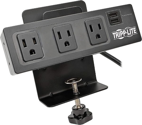 Protetor de surto com 3 tomadas Tripp Lite com grampo de mesa, cabo de 10 pés, 510 joules, 2 portas de carregamento USB, preto, seguro de $20 mil (TLP310USBC)