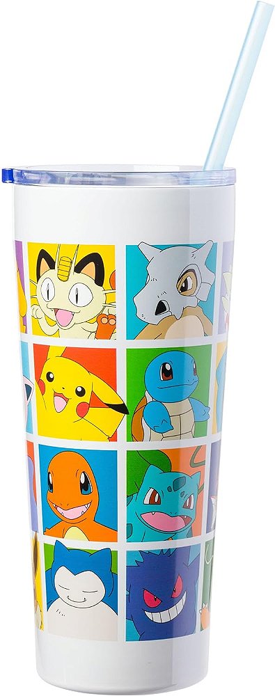 Caneca térmica de aço inoxidável de parede dupla com canudo e estampa de personagens Pokémon da Silver Buffalo, 22 onças