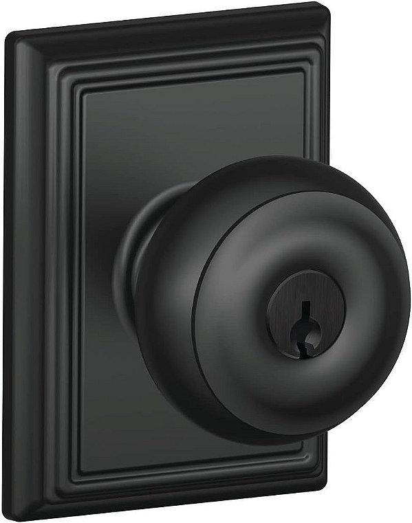 Maçaneta da porta georgiana Schlage F51A GEO 622 ADD com guarnição Addison, fechadura de entrada com chave, preto fosco