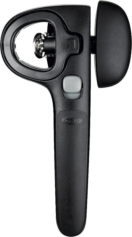Abridor de latas com trava e pegador OXO Good Grips com pegador de tampa