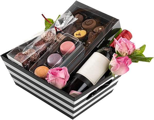 Caixas de presente vazias RW Base 9,25 x 7,25 x 3,5 polegadas, 10 cestas grandes - Com alças, resistente, cestas de boas-vindas de papel preto e branco, para