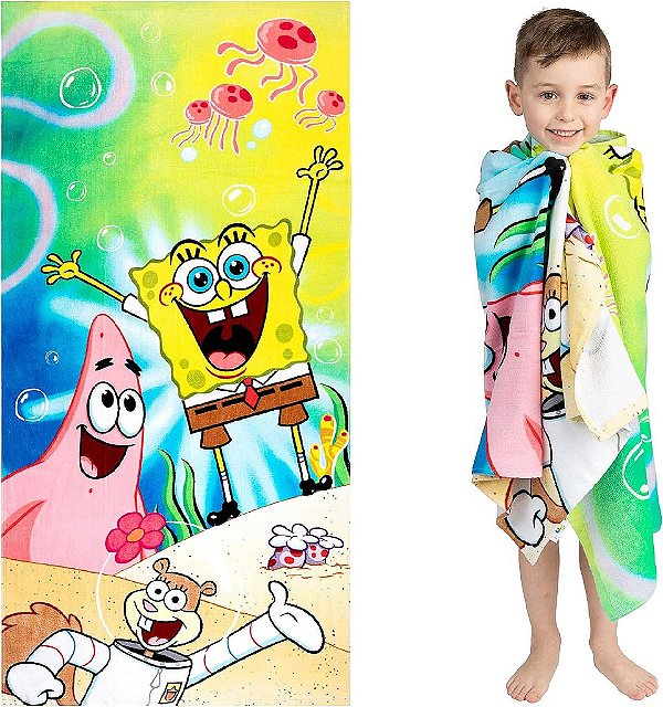 Toalha de praia de algodão super macio Franco Kids, 58 pol x 28 pol, Bob Esponja Calça Quadrada