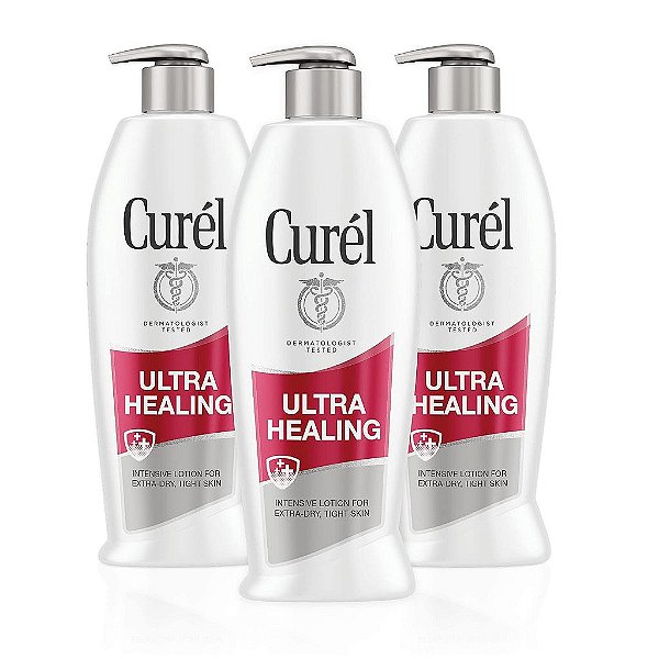 Loção Curél Ultra Healing para mãos e corpo, Hidratante para pele seca com Complexo de Ceramida Avançado e Agentes Hidratantes de Alta Potência, para pele extra seca e apertada, 13 onças (