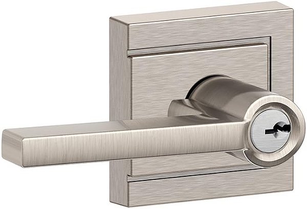 Trinco de entrada com alavanca com chave Latitude SCHLAGE F51A LAT 619 ULD com acabamento em níquel acetinado