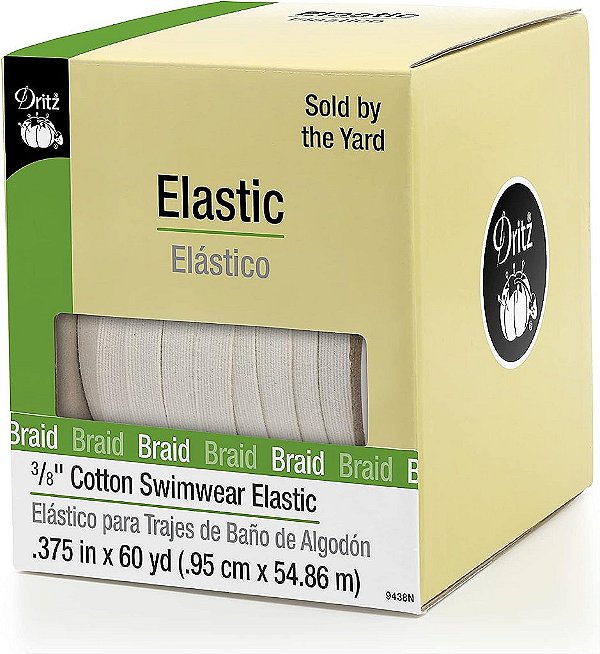 Elastico trançado para roupa de banho de algodão Dritz 9438N, Natural, 3/8 de polegada por 60 jardas, branco.