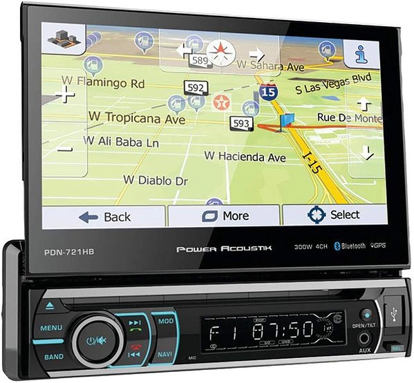 Receptor estéreo para carro Power Acoustik PDN-721HB Single DIN Bluetooth com tela de toque de 7 polegadas, DVD/CD/AM/FM e navegação, preto