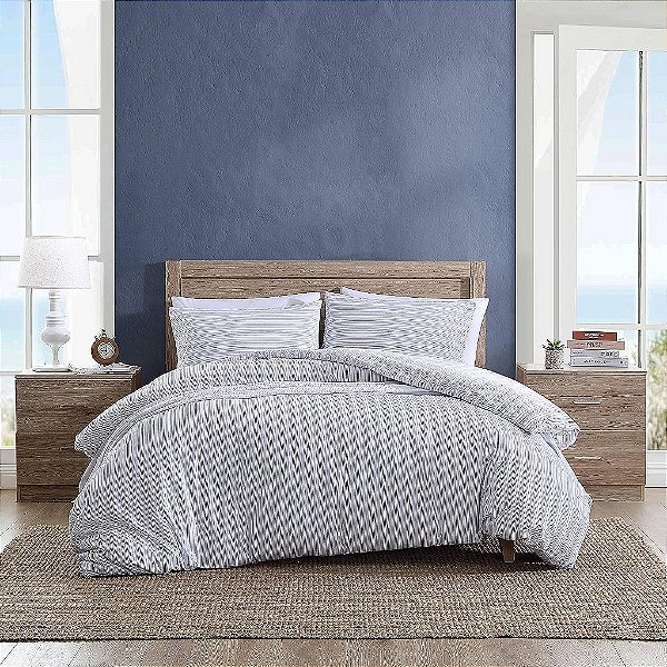 Náutica - Capa de Edredom Queen, Roupa de Cama Reversível de Algodão com Fechamento por Botão, Decoração Casual para Todos as Estações (Listra Beaux Azul, Queen)
