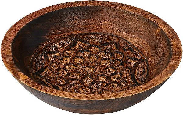 Tigela Decorativa Boho de Madeira Entalhada da Creative Co-Op, Design de Interiores Natural, Acabamento Queimado