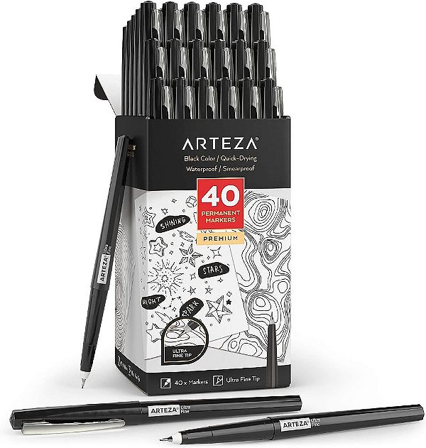 Marcadores Permanent ARTEZA, 40 Canetas Pretas, Ponta Ultra Fina, Secagem Rápida, Resistente à Água, para Caligrafia e Anotações, Escritório, Sala de Aula