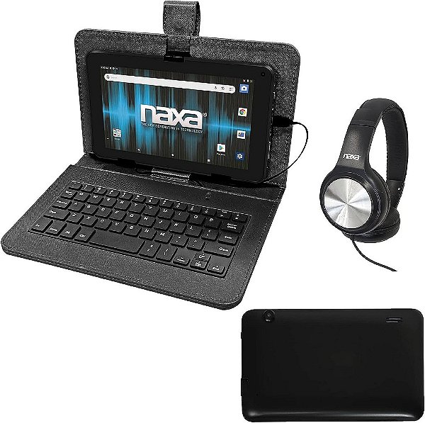 Tablet Naxa NID-7056 Android 11 com tela HD TN de 7, teclado USB, case e fone de ouvido, processador quad-core de 1.6 GHz, 2GB de RAM, 32GB de armazenamento, câmer