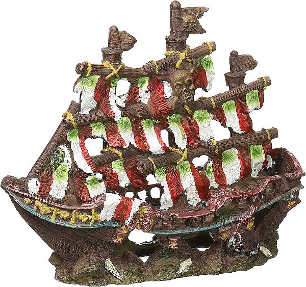 Enfeite de Aquário Naufrágio de Navio Listrado da Penn-Plax, Design Colorido Vermelho e Branco 8.25 Polegadas