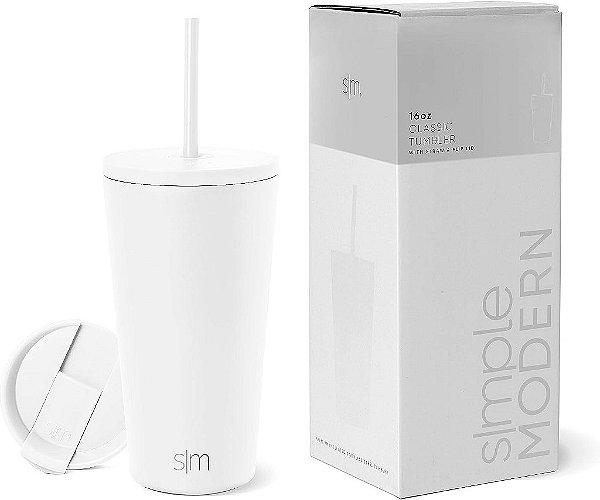 Copo Isolado Moderno Simple com Tampa e Canudo | Copo de Café Gelado Reutilizável de Aço Inoxidável | Garrafa de Água com Isolamento para Viagem | Presente para Mulheres e Homens | Coleção Cláss