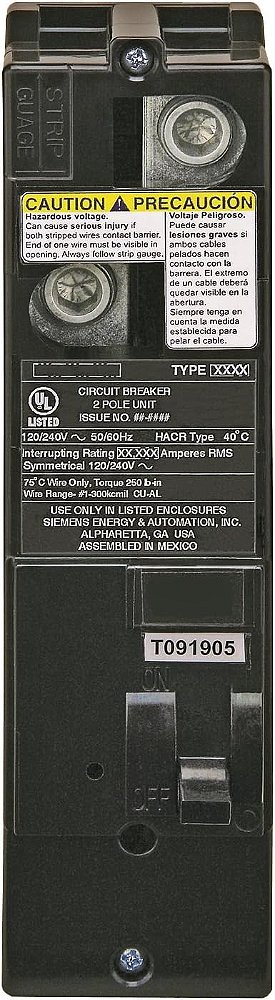Tradução: Siemens QS2125 QS Tipo disjuntor principal multifamiliar de 125 amperes, avaliado em 10 KAIC, cor