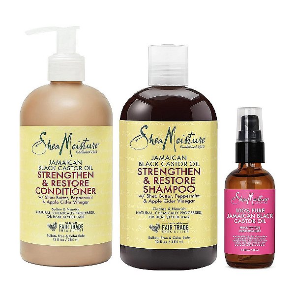 SheaMoisture Shampoo, Condicionador e Óleo de Cuidado Corporal para Cabelos e Pele Secos e Deteriorados Jamaican Black Castor Oil - Regime de Cuidado com a Pele e Cabelo com Manteiga
