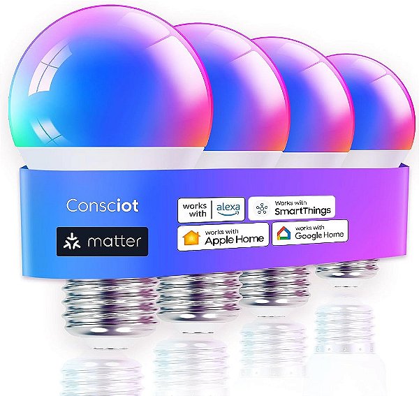 Lâmpadas Inteligentes Consciot, Lâmpadas WiFi Bluetooth que Funcionam com Alexa/Google Home/Siri/SmartThings, Lâmpada LED com Mudança de Cor RGBTW, Lâmpadas Inteligentes de Sincronização de Mús