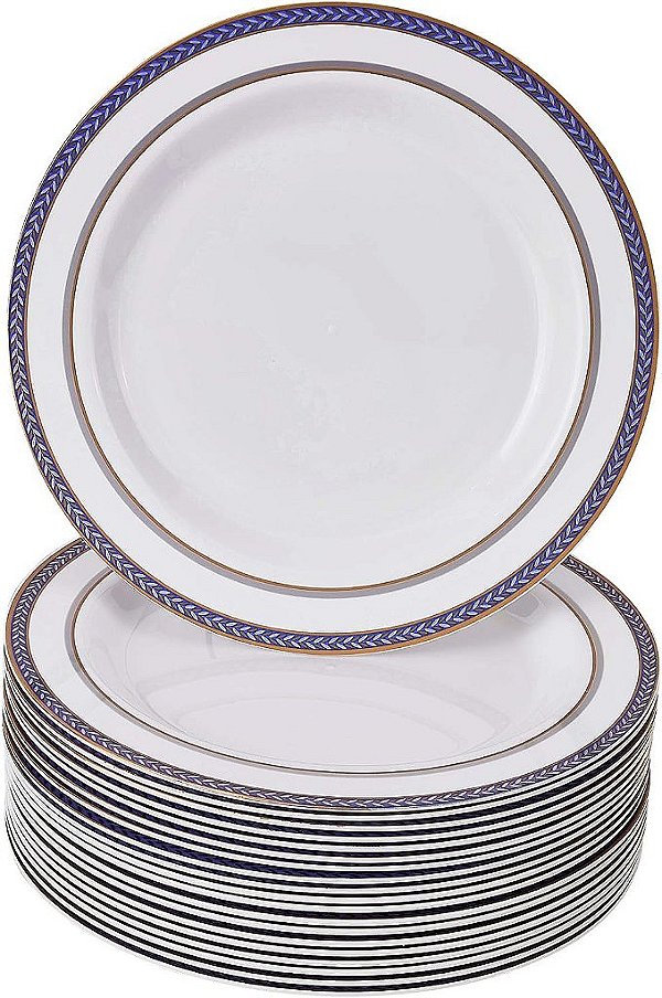 PRATOS DE SALADA DESCARTÁVEIS | 20 uni | Pratos de plástico resistente | Elegante aparência de porcelana fina | Renascença - Azul Royal (9”)