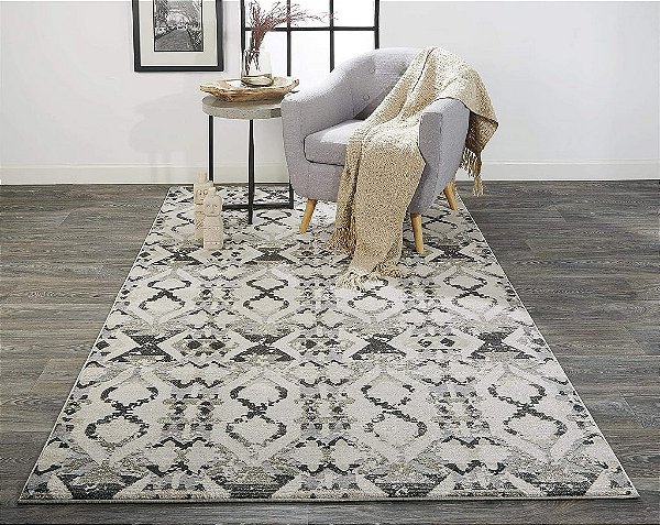 Tapete de destaque Geométrico Moderno Feizy Prasad, Marfim/Cinza, 1'-8 x 2'-10
