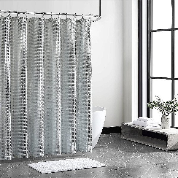 Vera Wang - Cortina de chuveiro, decoração de casa em algodão, decoração de banheiro de designer (Waffle Azul, 72 x 70)