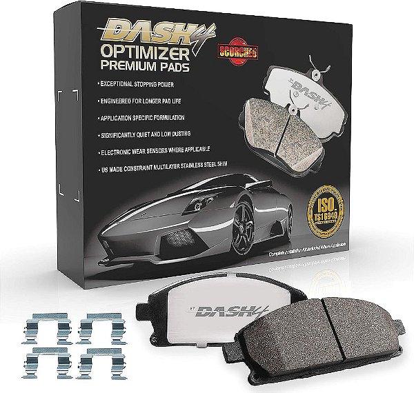Pastilhas de freio de carbono cerâmica Dash 4 CFD1544 Optimizer com hardware para desempenho esportivo.