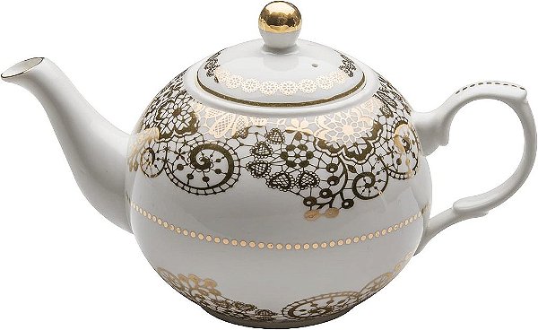 Gracie China por Coastline Imports, bule de porcelana com renda dourada e detalhes de bagas, 46 onças, branco e dourado (35257-1)