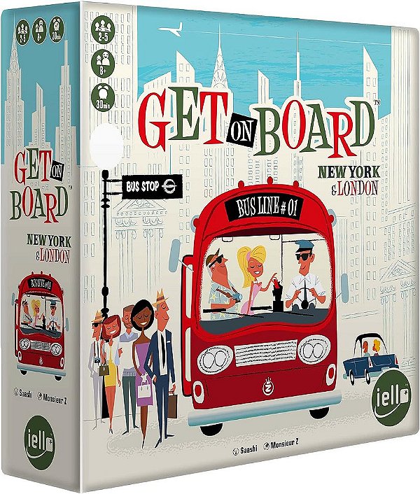 IELLO: A bordo: Nova York e Londres, um jogo de virar e escrever, inteligente e original, tempo de jogo de 30 minutos, de 2 a 5 jogadores, para maiores de 8 anos.