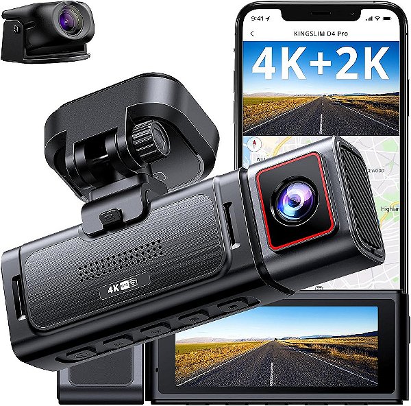 Câmera de painel Kingslim D4PRO dianteira e traseira - câmera de painel de carro dupla 4K + 2K com WiFi GPS, gravação interna opcional, controle de voz, tipo C, suporte máximo de