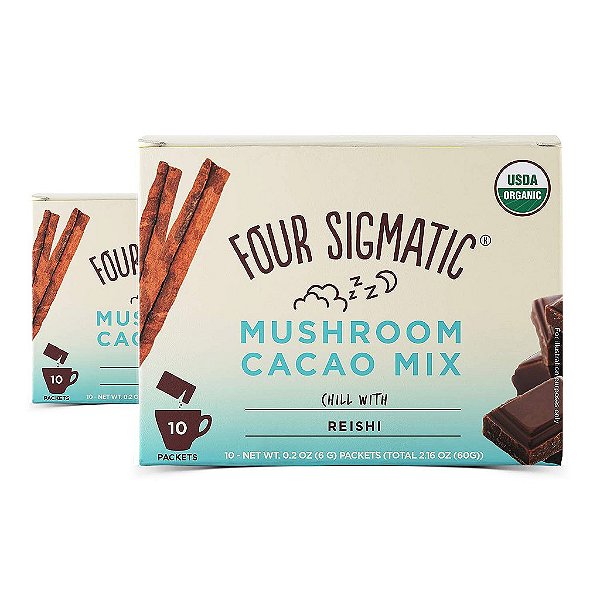 Mistura de Cacau Quente com Cogumelo Reishi da Four Sigmatic - Cogumelo Reishi Orgânico, Canela, Cardamomo, Estévia e Cacau. Reduz ansiedade e estresse, relaxa o corpo, mel