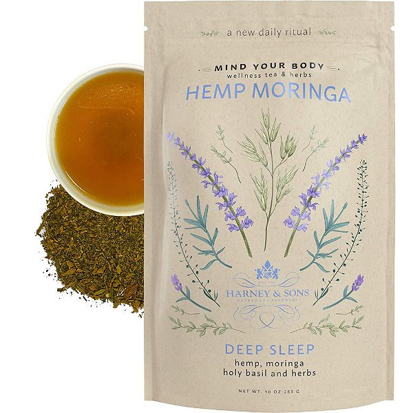 Harney & Sons Hemp Moringa | Mistura de Bem-estar para um sono profundo com Hemp, Moringa, Manjericão Sagrado e Ervas, Saco de 10 oz