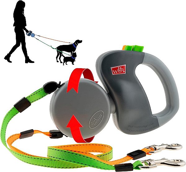 WIGZI (2 Coleiras Retráteis Refletivas para Cães - Zero Embaraço de 360 Graus - Dois Cães de até 50 lbs e 10ft Cada. Coleiras Refletivas Laranja e Verde. Duplo