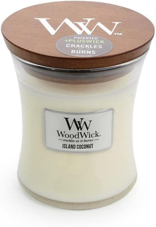 Vela de Ampulheta Média WoodWick, Coco da Ilha - Mistura Premium de Cera de Soja, Inovação de Pavio de Madeira Pluswick, Fabricada nos EUA