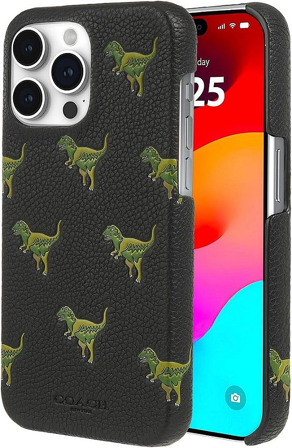 Capa Slim Wrap Coach Genuine Debossed em Couro de Pedra para iPhone 15 Pro Max, compatível com carregamento sem fio - Repeat Rexy