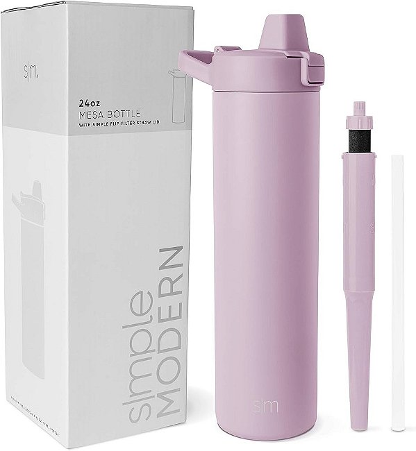 Garrafa de água filtrada Simple Modern | Garrafas de água de viagem isoladas com filtro de carbono em aço inoxidável | Reutilizável para água limpa para beber em movimento | Coleção Mesa | 24oz, névo
