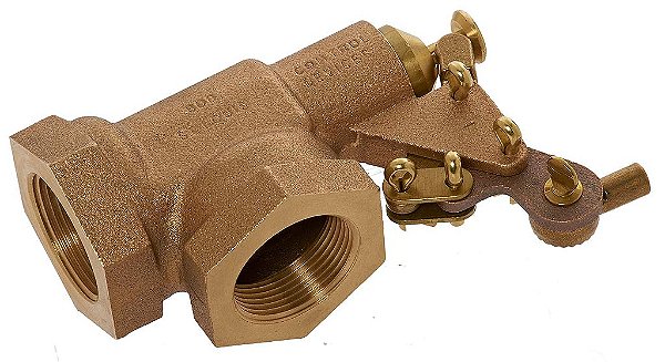 Válvula de flutuador de latão vermelho da série R600 da Robert Manufacturing com alavanca de operação composta e êmbolo rotativo, entrada fêmea NPT de 1-1/2 x saída fêmea NPT