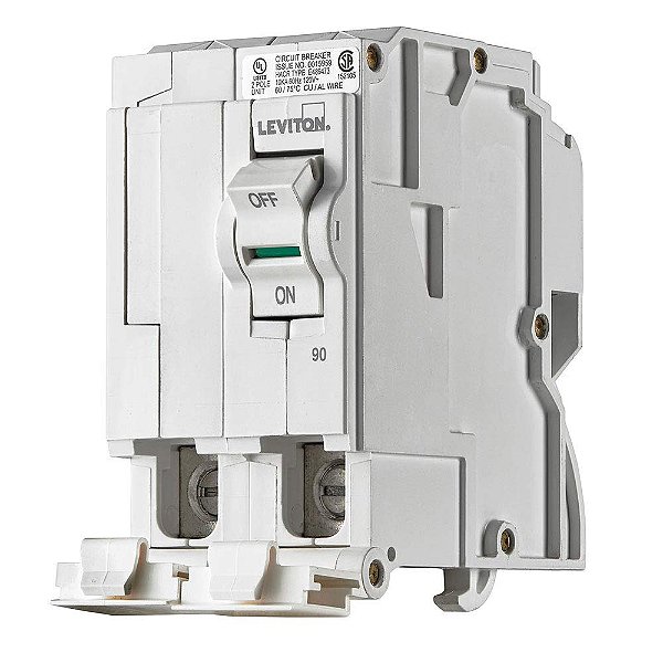 Disjuntor de Circuito de Ramal Padrão de 2 Pólos Leviton LB290 90A Plug-On, Magnético Hidráulico, 120/240 VCA, Branco