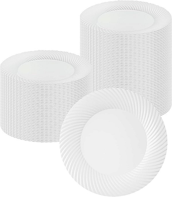 Pratos Descartáveis Premium de 9 Polegadas Moderna, 40 Pratos de Plástico Redondos para Festas - Padrão de Ondas, Resistente, Pratos de Jantar de Plástico Branco, Para Alimentos Quentes e F