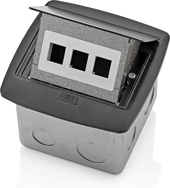 Caixa de Piso Pop-Up Leviton PFQP3-MB com inserção QuickPort de 3 Portas, Preto.