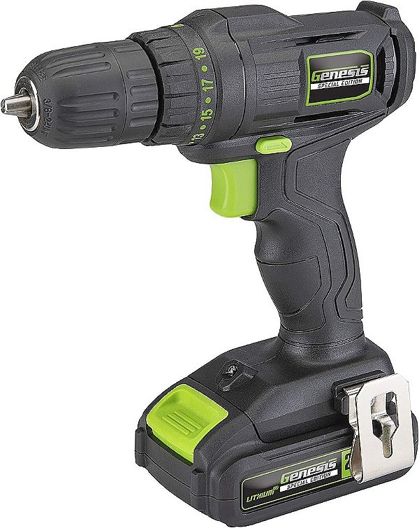Genesis GLCD20CSE Broca/Parafusadeira sem fio de Íon de Lítio de 20V Edição Especial com Luz LED Embutida, 19+1 Configurações de Torque, Bateria Removível/Recarreg