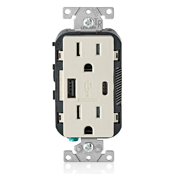 Carregador de Parede Leviton T5633-T Tipo A & Tipo-C USB com Tomada de 15A à Prova de Violação, Carregador USB para Smartphones e Tablets. Não para Notebooks, Bege Claro.